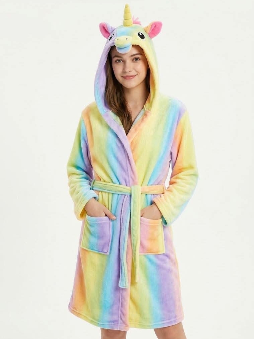 Girls Yung Hooded Fleece Robe Unicorn Rainbow Multicolor Tie Belt Long Sleeve S